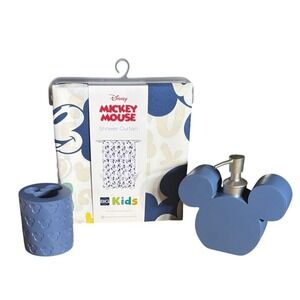 Disney Mickey Mouse Bathroom Set: Shower Curtain Brush Holder Soap Dispenser NEW